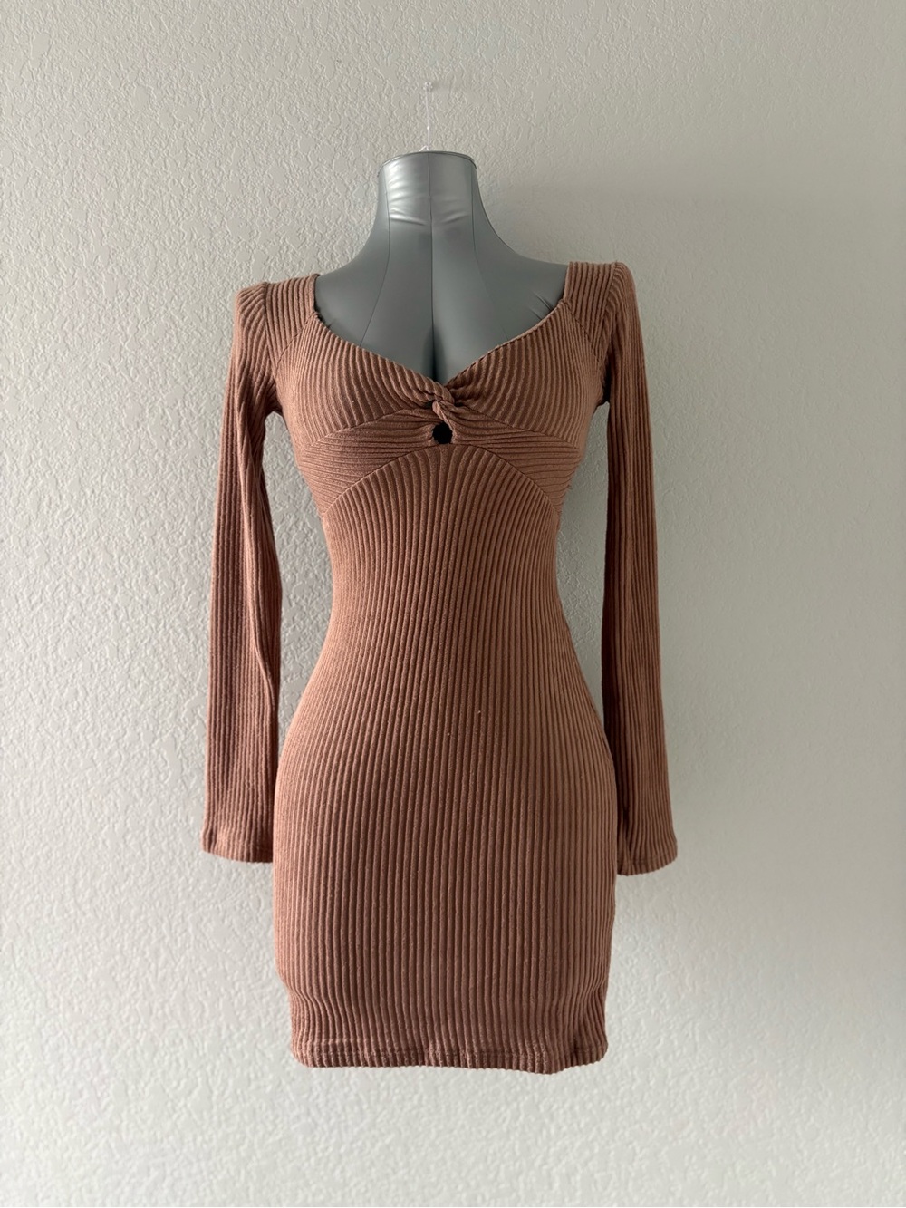 Derek Heart Ribbed Long-Sleeve Twist Front Dress in Brown